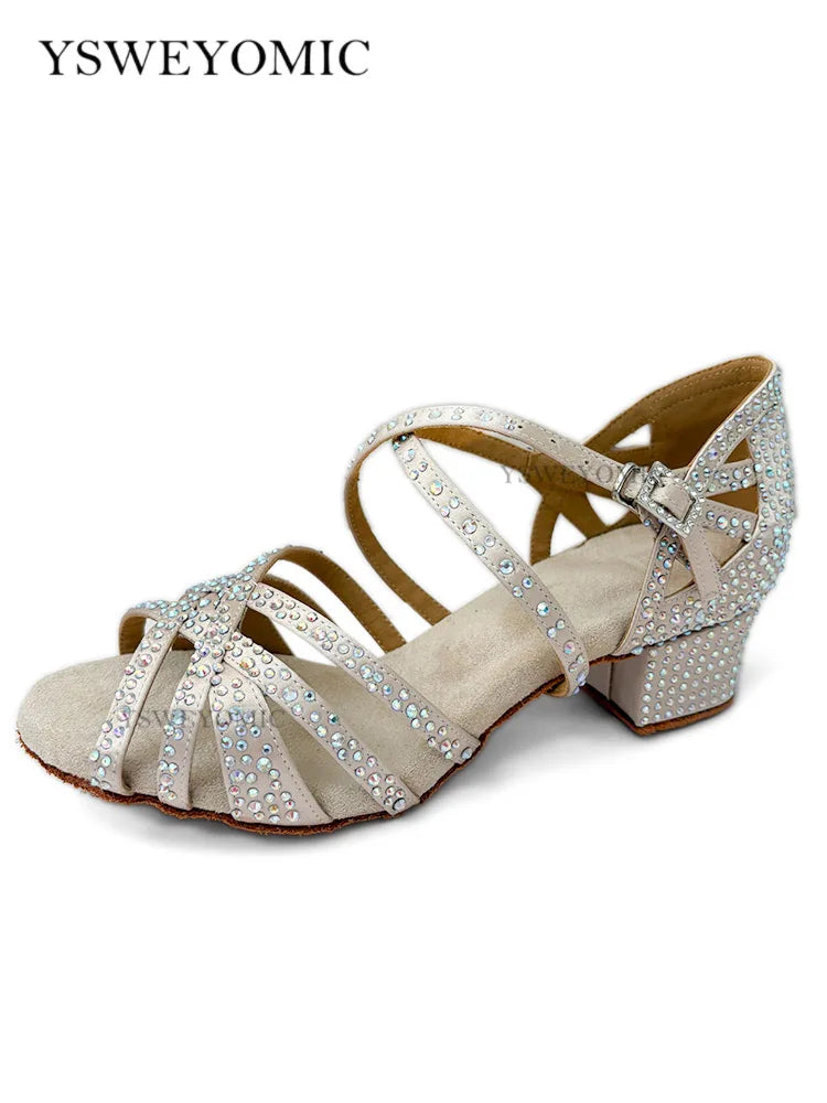 Sapatos de dança latina bege, salto baixo de 4cm, sola de camurça, sapatos femininos para dança de salão, salsa, para treinamento