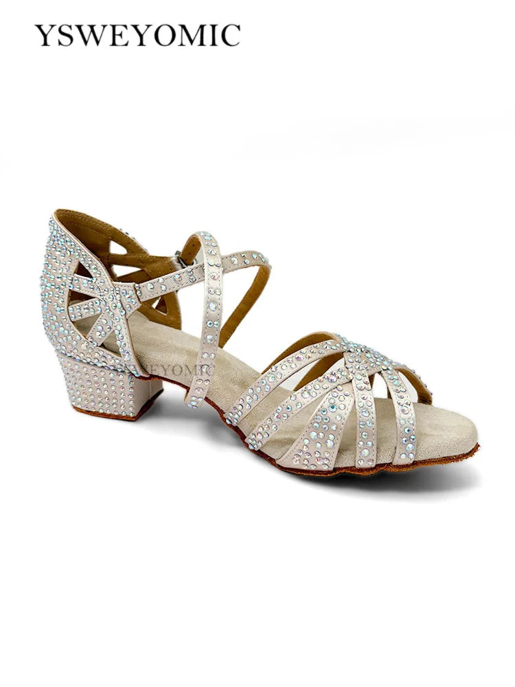 Sapatos de dança latina bege, salto baixo de 4cm, sola de camurça, sapatos femininos para dança de salão, salsa, para treinamento