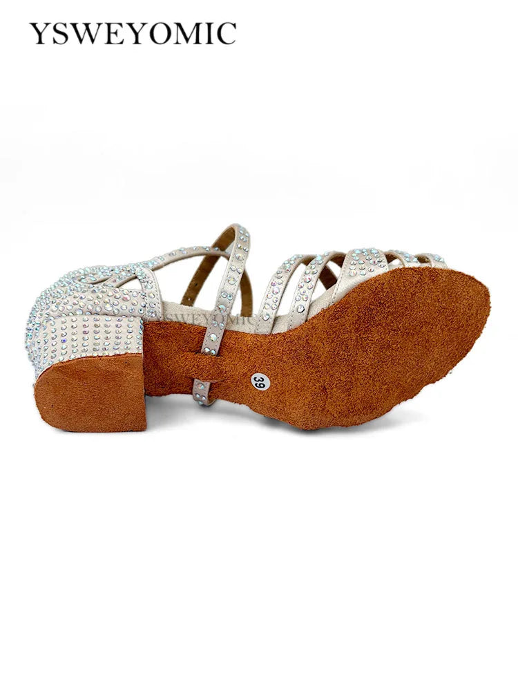 Sapatos de dança latina bege, salto baixo de 4cm, sola de camurça, sapatos femininos para dança de salão, salsa, para treinamento