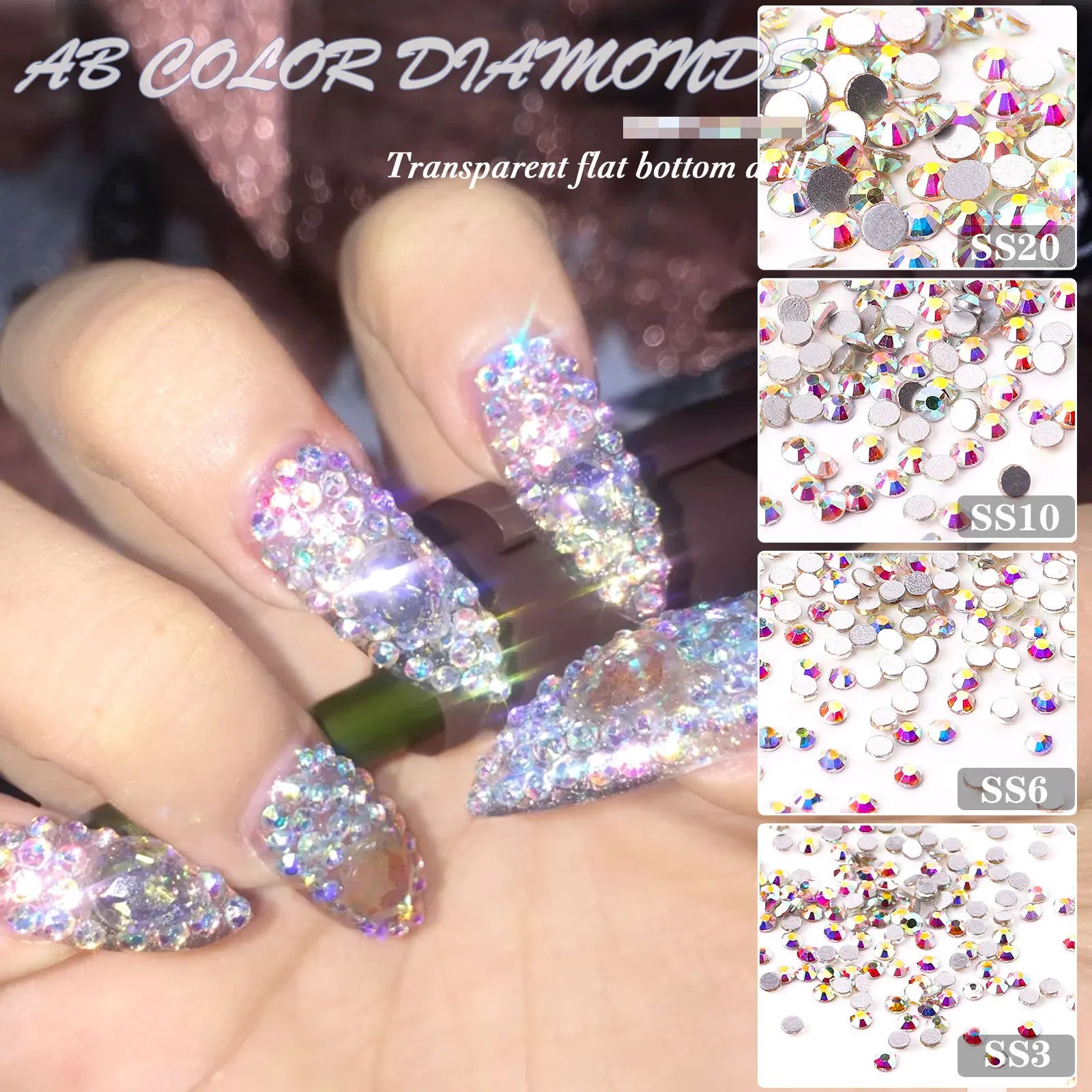 1440 pçs cristal claro & ab strass redondos SS3-SS20 vidro 3d decoração da arte do prego diy de fundo plano pedras preciosas do prego suprimentos de unhas