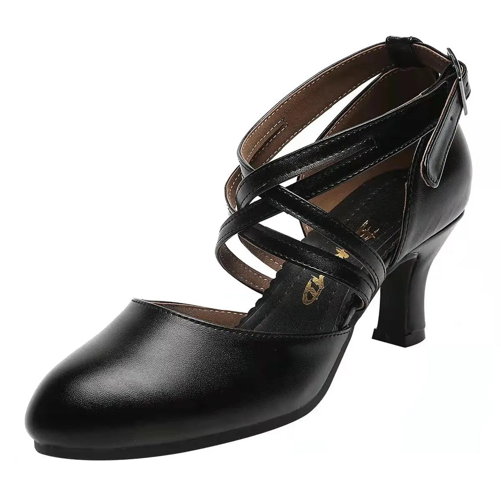 Sapatos femininos com alça cruzada, sapatos antiderrapantes para dança de salão de salsa latina, saltos pretos para casamento