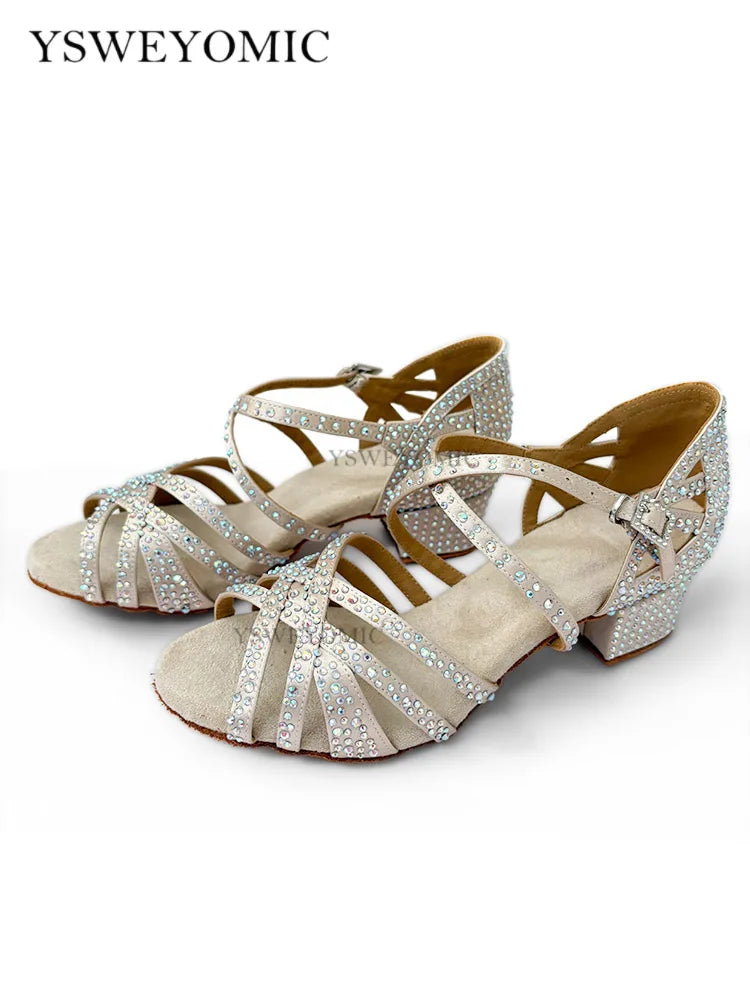 Sapatos de dança latina bege, salto baixo de 4cm, sola de camurça, sapatos femininos para dança de salão, salsa, para treinamento