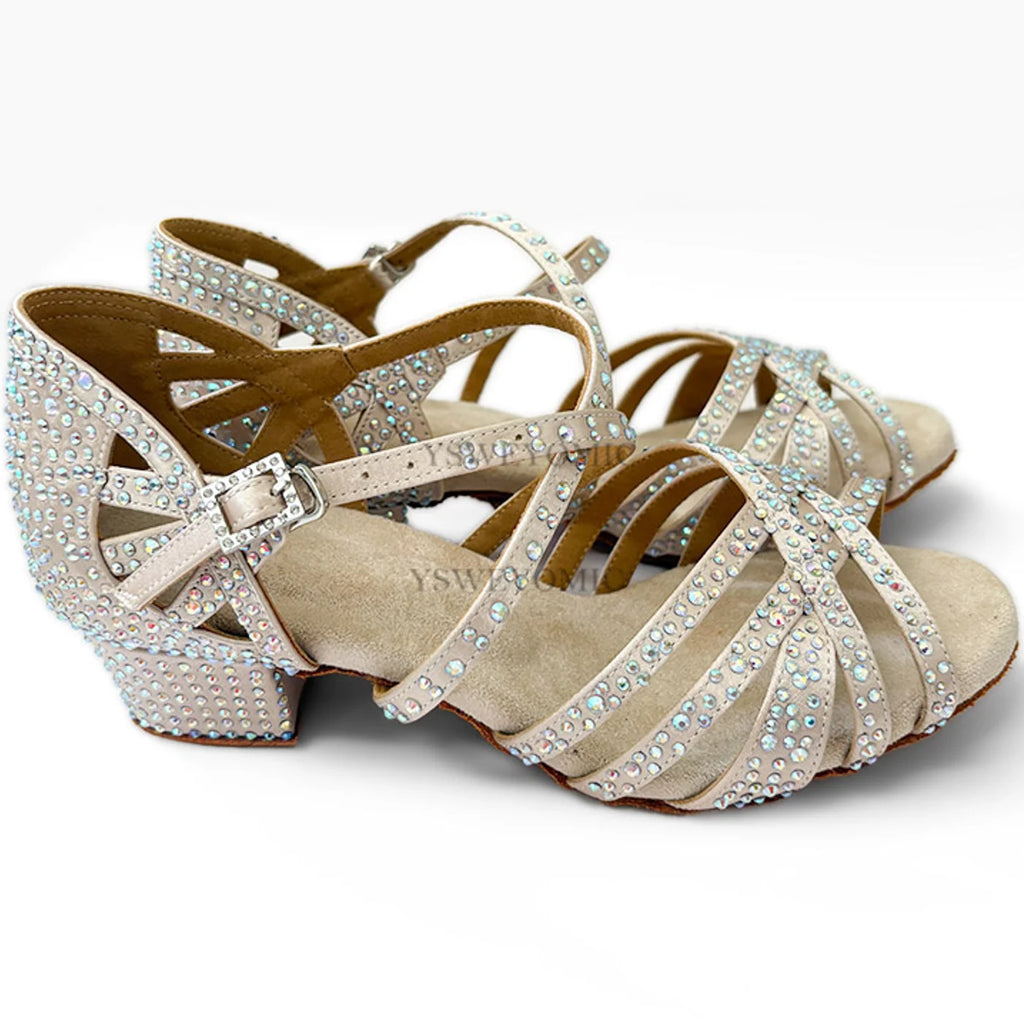 Sapatos de dança latina bege, salto baixo de 4cm, sola de camurça, sapatos femininos para dança de salão, salsa, para treinamento