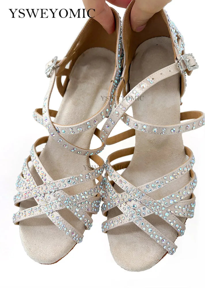 Sapatos de dança latina bege, salto baixo de 4cm, sola de camurça, sapatos femininos para dança de salão, salsa, para treinamento