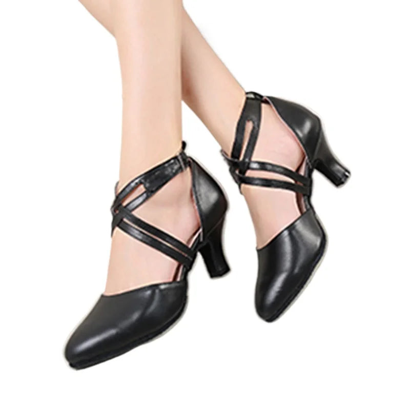 Sapatos femininos com alça cruzada, sapatos antiderrapantes para dança de salão de salsa latina, saltos pretos para casamento