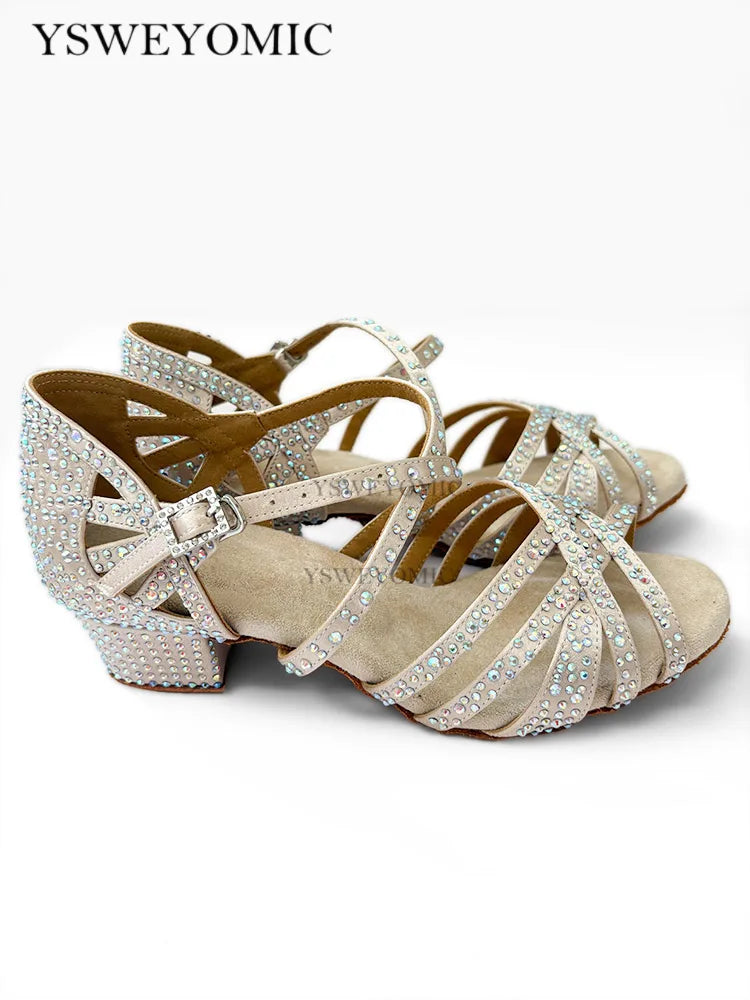 Sapatos de dança latina bege, salto baixo de 4cm, sola de camurça, sapatos femininos para dança de salão, salsa, para treinamento